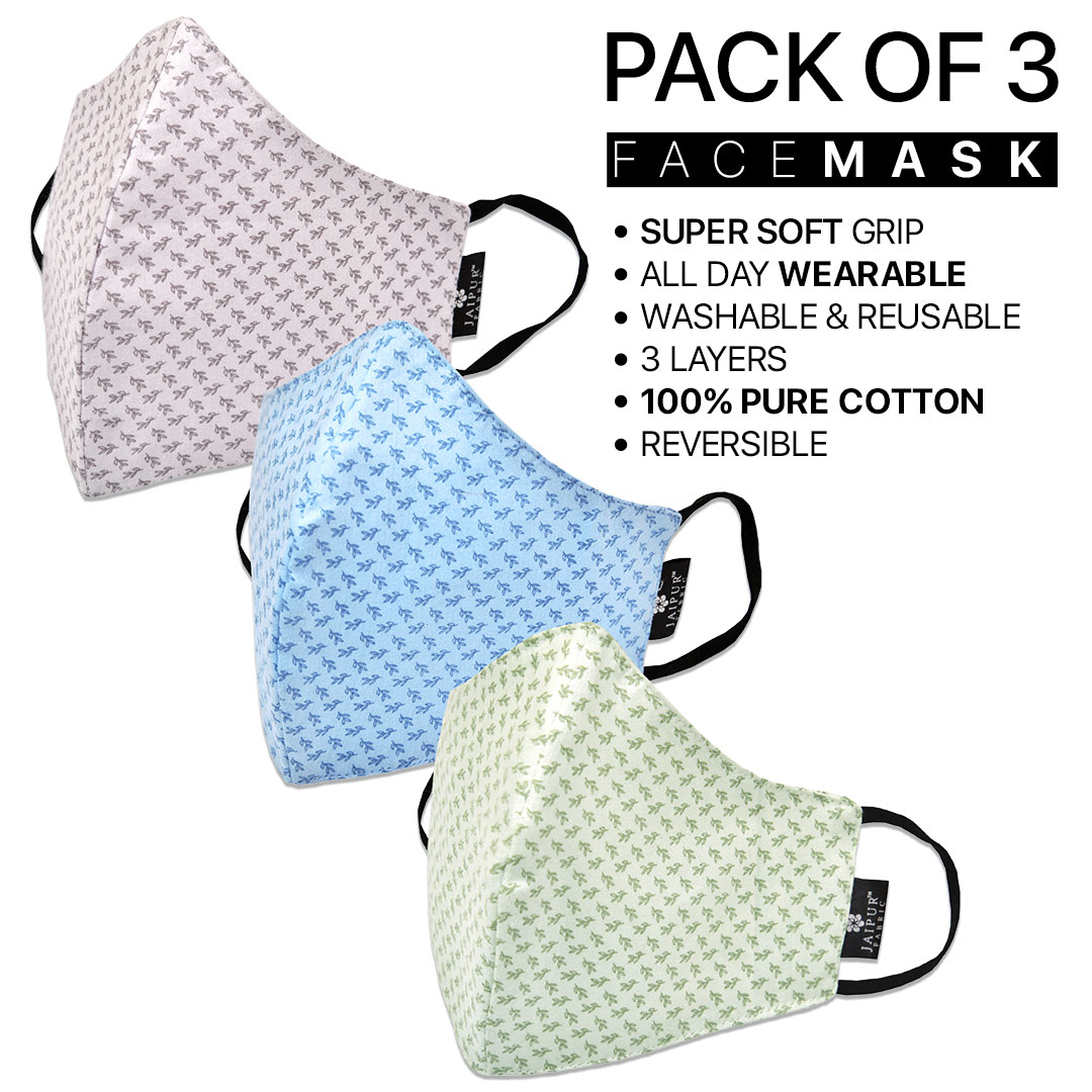 Pack of 3 Reversible Double Side 100% Pure Cotton Washable Reusable 3 Layer FaceMask with Super Soft Grip for All Day wearability