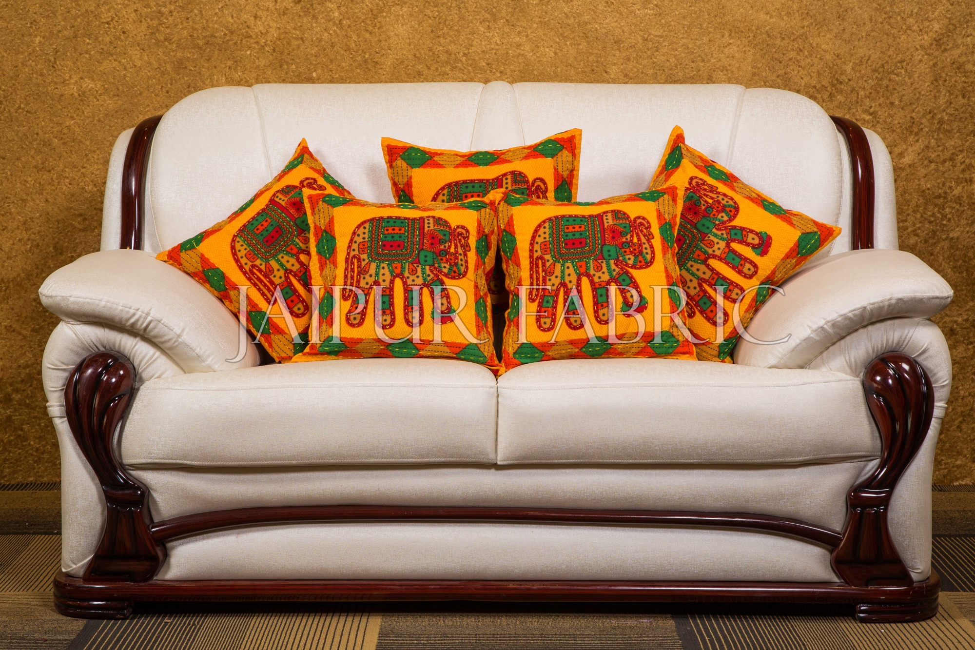 Yellow Jaisalmer handmade Embroidery with Thread work Elephant Print Cushion cover