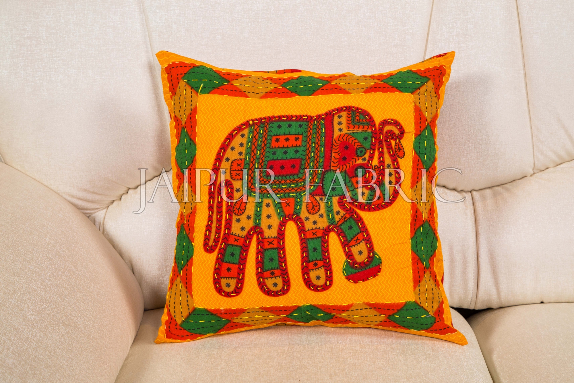 Yellow Jaisalmer handmade Embroidery with Thread work Elephant Print Cushion cover