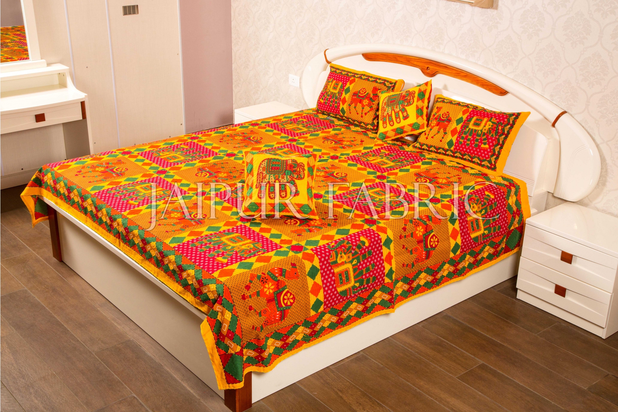 Yellow Jaisalmer Handmade Embroidery with Thread Work Elephant Print Double Bed Sheet with Two Pillow Covers